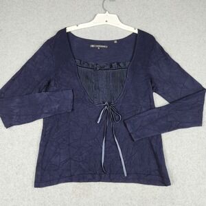 Coupe Blouse Top Women Large Navy Blue Pleated Bib Ruffle Ribbon Tie Long Sleeve